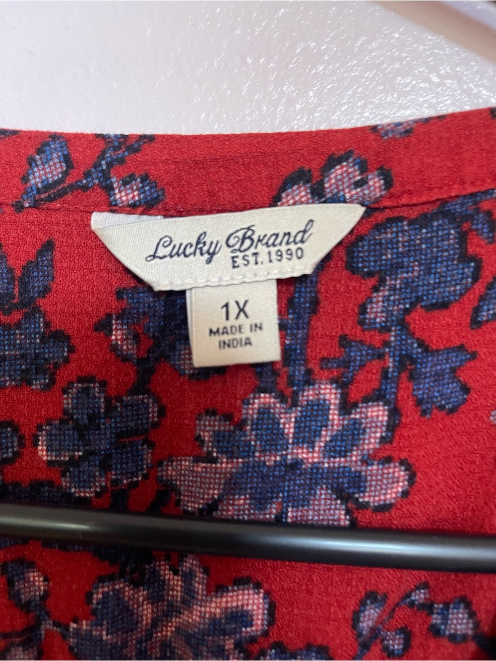 Lucky Brand Red Floral Peasant Blouse with Blue Accents - Picture 2 of 6